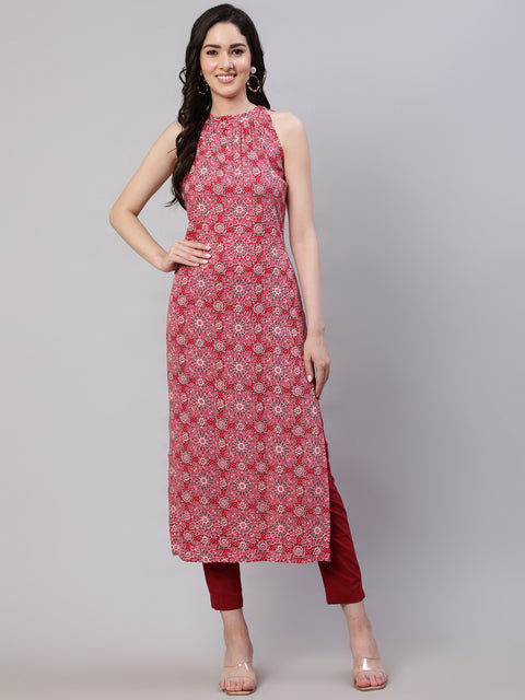 Women Pink Printed Halter Neck Straight Kurta