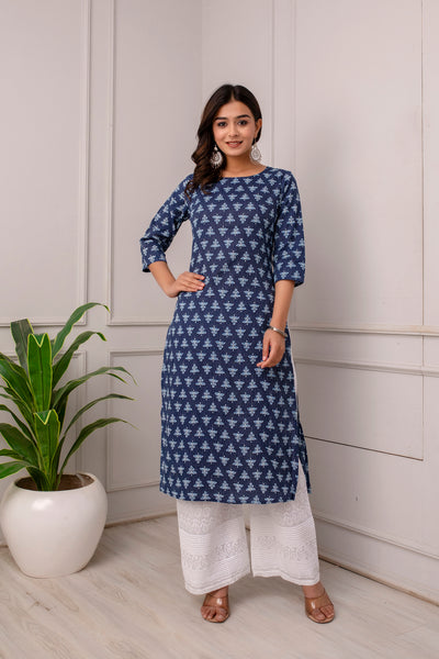 Women Blue Ethnic Printed Straight Kurta with Three Quarter Sleeves