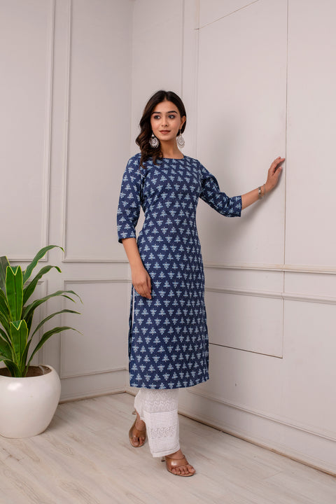 Women Blue Ethnic Printed Straight Kurta with Three Quarter Sleeves