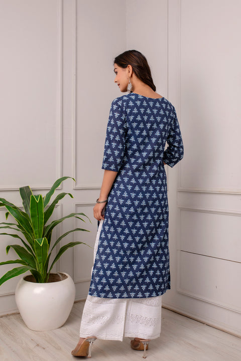 Women Blue Ethnic Printed Straight Kurta with Three Quarter Sleeves