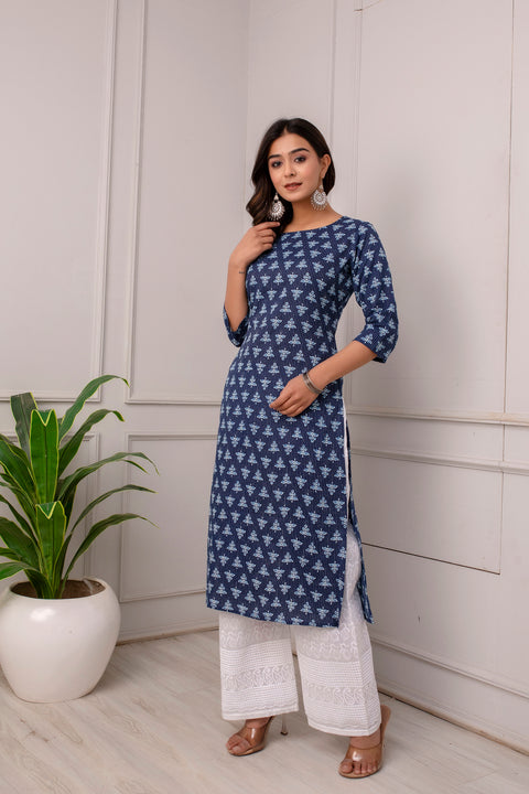 Women Blue Ethnic Printed Straight Kurta with Three Quarter Sleeves