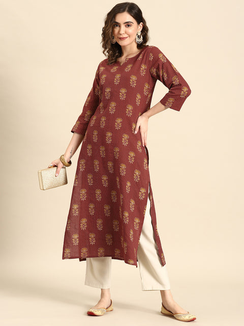 Women Maroon Printed Straight Kurta With Three Quarter Sleeves