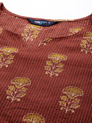 Women Maroon Printed Straight Kurta With Three Quarter Sleeves