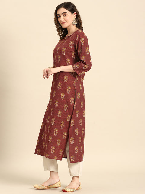 Women Maroon Printed Straight Kurta With Three Quarter Sleeves