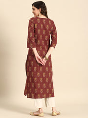 Women Maroon Printed Straight Kurta With Three Quarter Sleeves