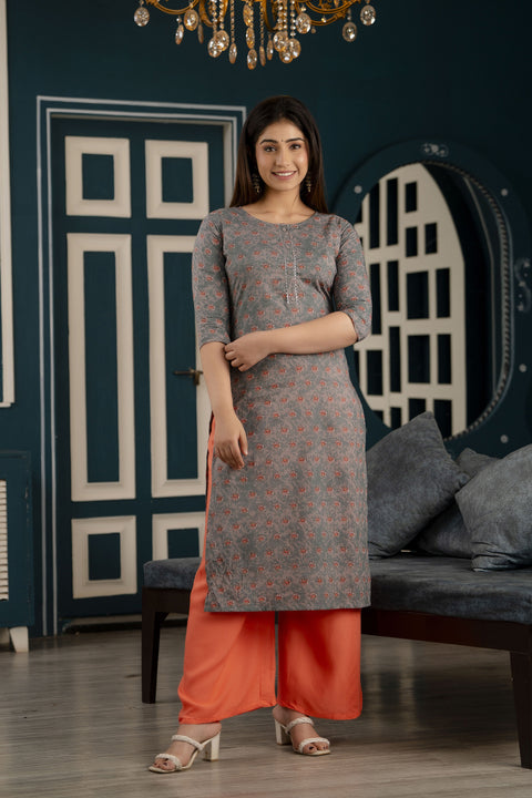 Women Grey Ethnic Printed Straight Kurta With Three Quarter Sleeves