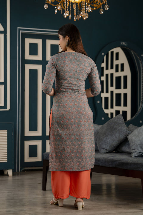 Women Grey Ethnic Printed Straight Kurta With Three Quarter Sleeves