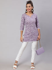 Women Purple Straight Tunic With Three Quaretr Sleeves