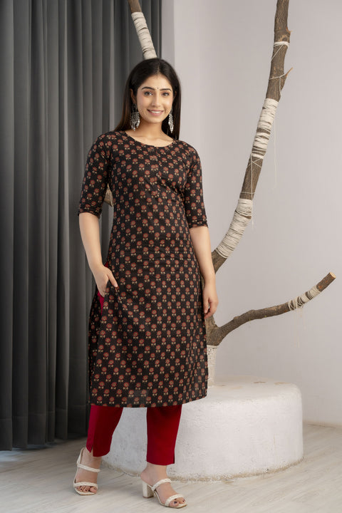 Women Black Printed straight Kurta With three qurter sleeves