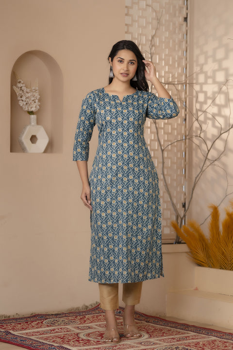 Women Green Ethnic Printed Straight Kurta With Three Quarter Sleeves