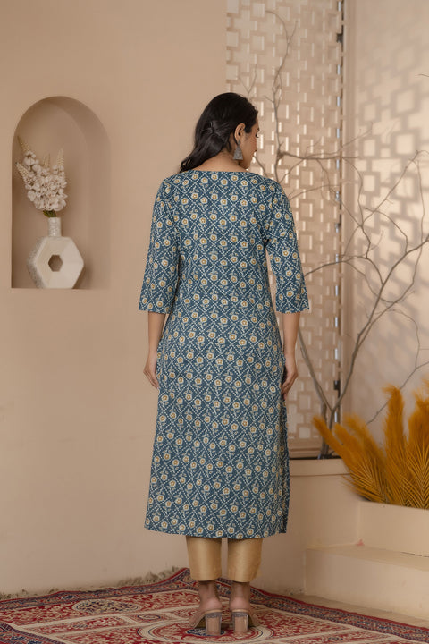 Women Green Ethnic Printed Straight Kurta With Three Quarter Sleeves