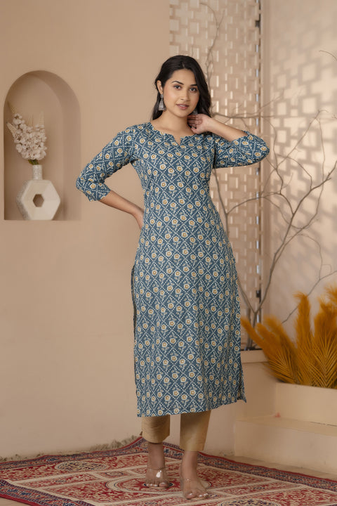 Women Green Ethnic Printed Straight Kurta With Three Quarter Sleeves