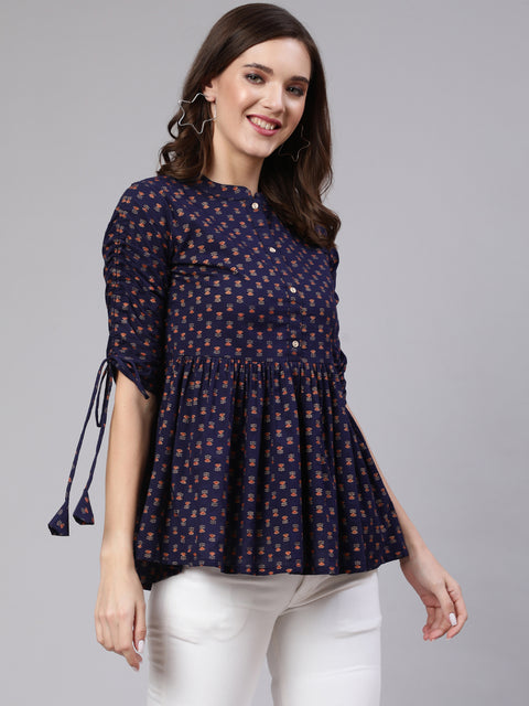 Women Navy Blue & Gold Printed Peplon Top