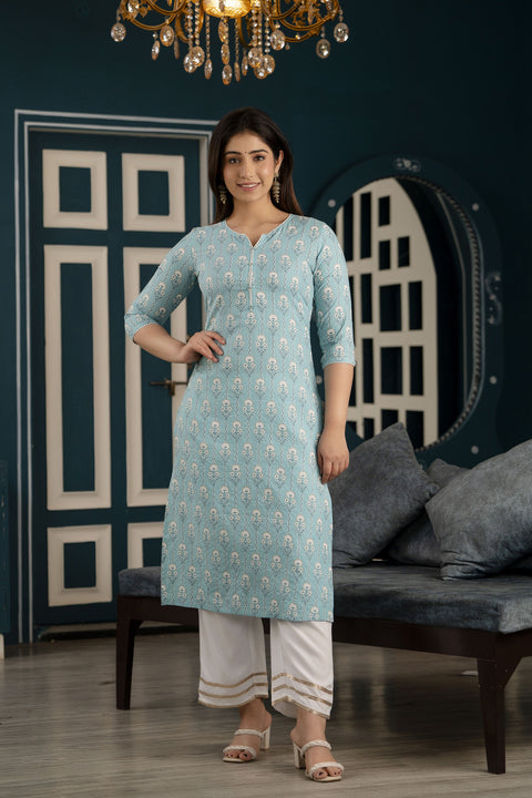 Women Blue Ethnic Printed Straight Kurta with Three Quarter Sleeves