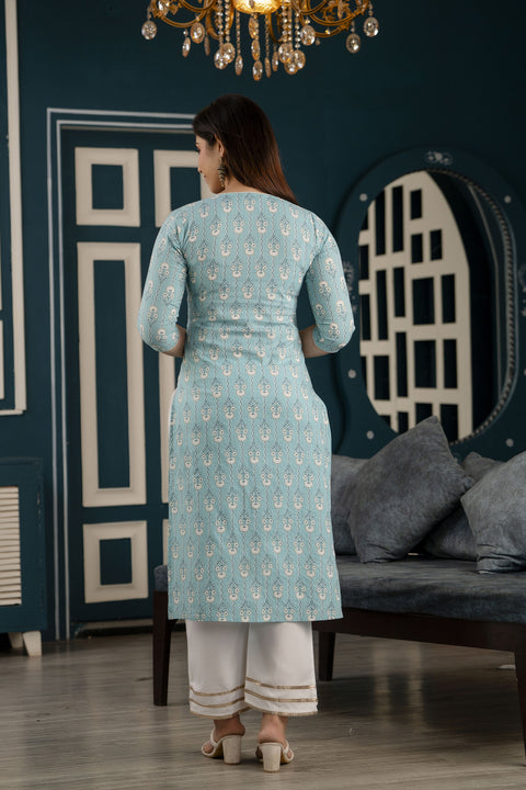 Women Blue Ethnic Printed Straight Kurta with Three Quarter Sleeves