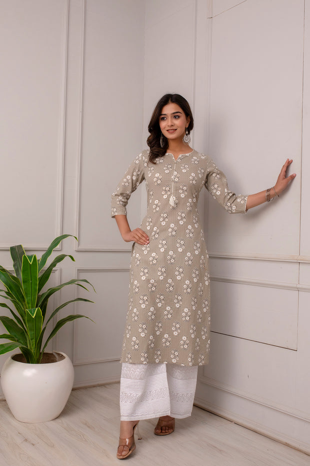 Women Grey Ethnic Printed Straight Kurta With Three Quarter Sleeves