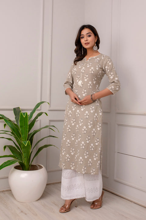 Women Grey Ethnic Printed Straight Kurta With Three Quarter Sleeves