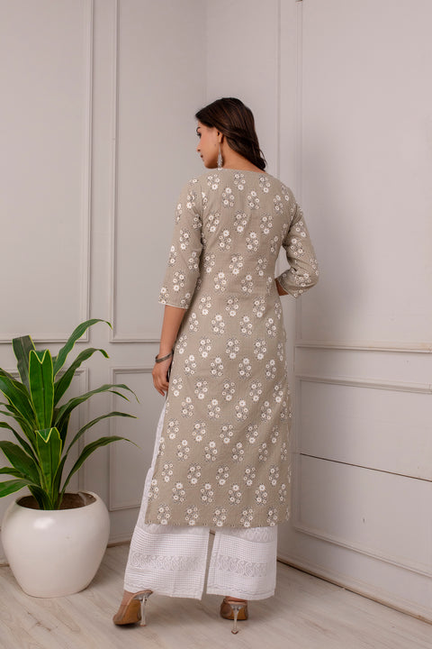 Women Grey Ethnic Printed Straight Kurta With Three Quarter Sleeves