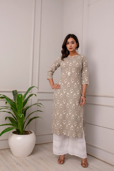 Women Grey Ethnic Printed Straight Kurta With Three Quarter Sleeves