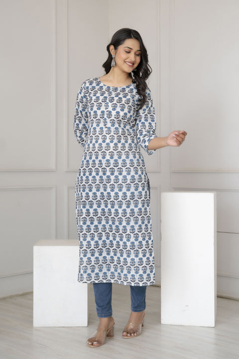 Women Off-White Printed straight Kurta With three qurter sleeves