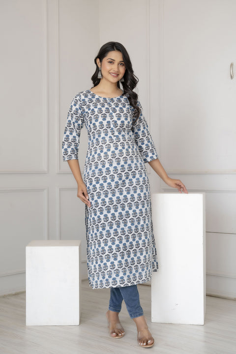 Women Off-White Printed straight Kurta With three qurter sleeves