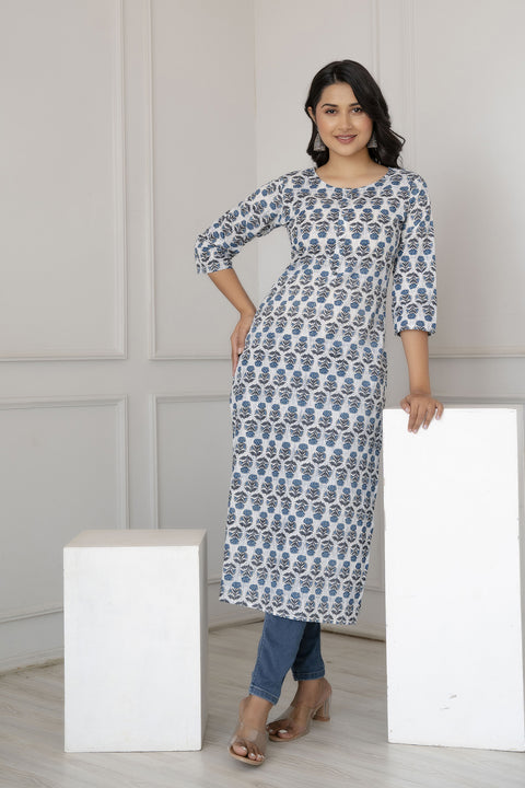 Women Off-White Printed straight Kurta With three qurter sleeves