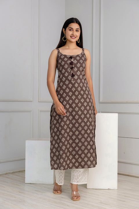 Women Brown Ethnic Straight Sleeveless Kurta