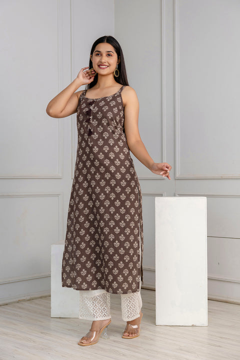 Women Brown Ethnic Straight Sleeveless Kurta