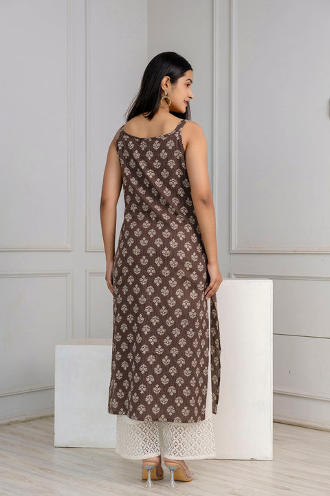 Women Brown Ethnic Straight Sleeveless Kurta