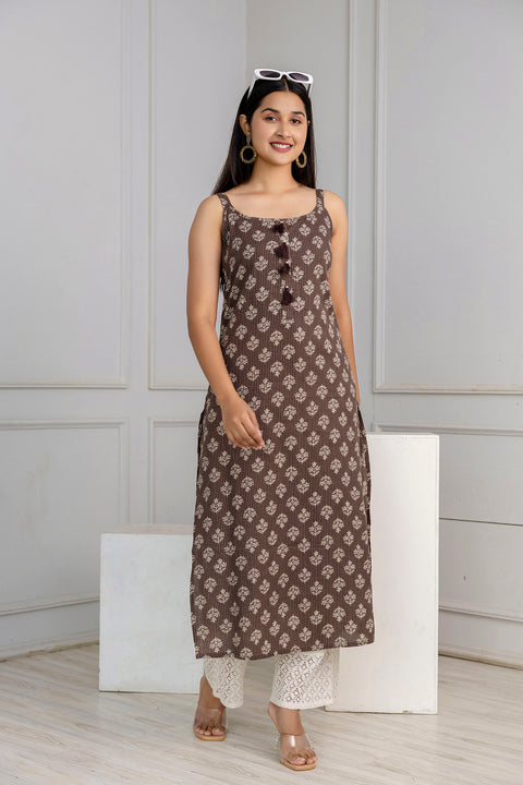 Women Brown Ethnic Straight Sleeveless Kurta