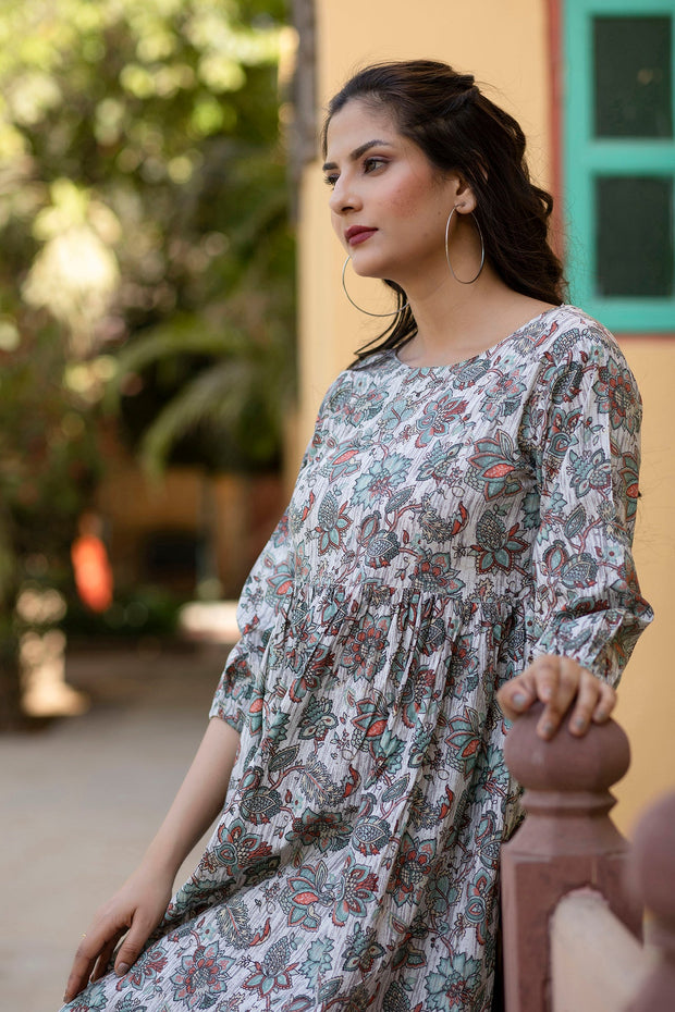Wome Off-White Ethnic Printed Flared Dress With Three quarter Sleeves