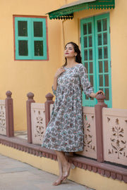 Wome Off-White Ethnic Printed Flared Dress With Three quarter Sleeves