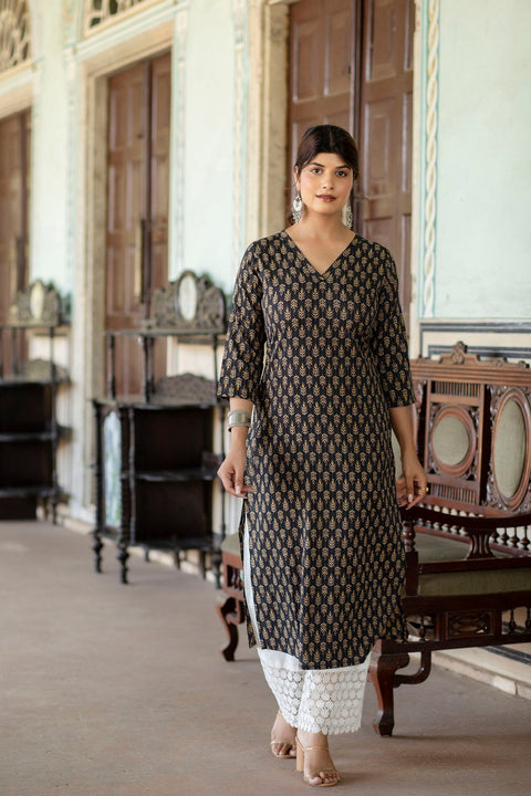 Women Black Ethnic Printed Straight Kurta with Three Quarter Sleeves