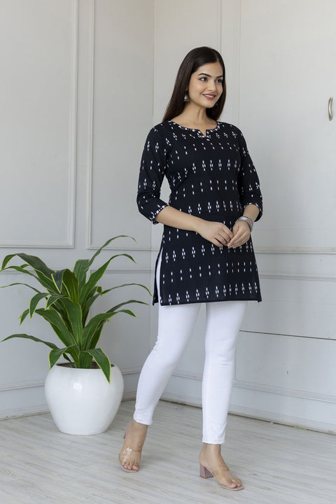 Women Black Straight Tunic With Embroidered Neck