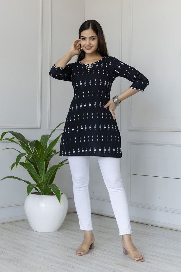 Women Black Straight Tunic With Embroidered Neck