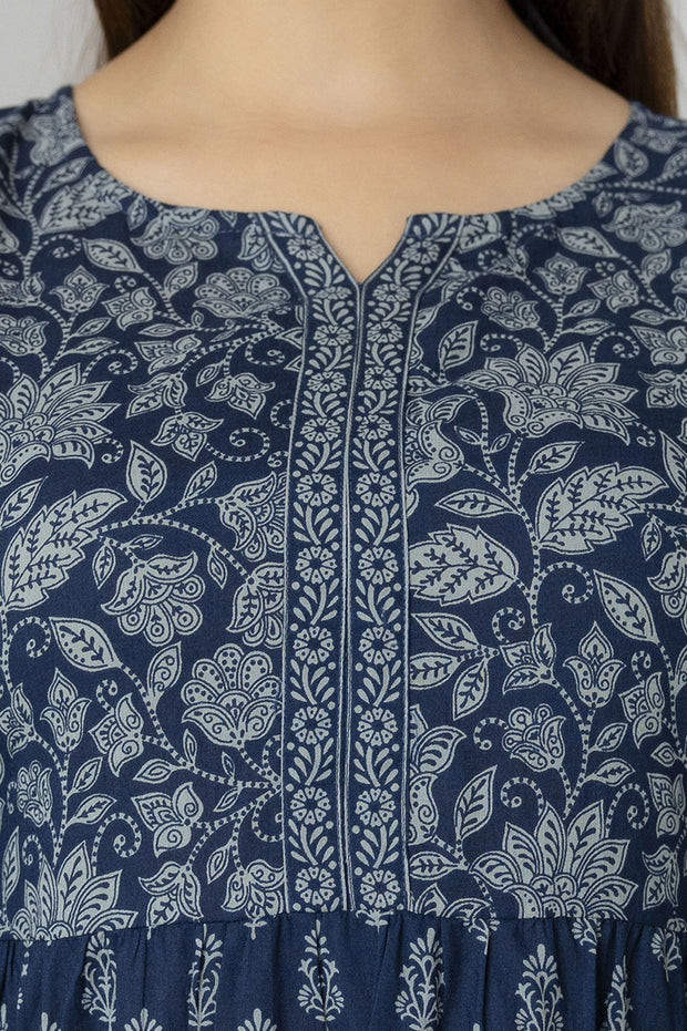 Women Blue Printed Tunic With Three Quaretr Sleeves