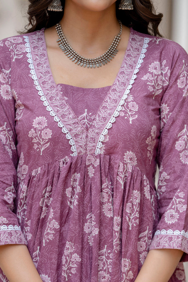 Women Purple Ethnic Printed Flared Dress