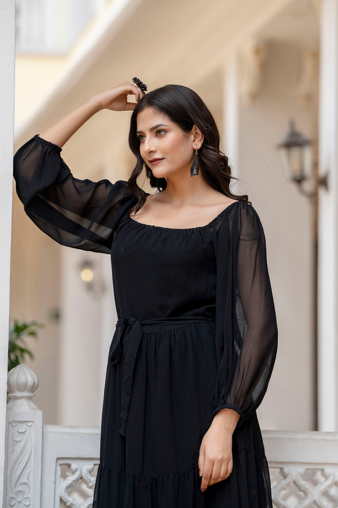 Women Black Georgette Flared Dress – Nayo Clothing