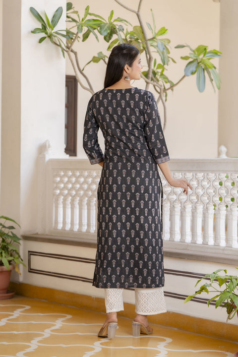 Women Black Printed Straight Kurta with Three Quarter Sleeves