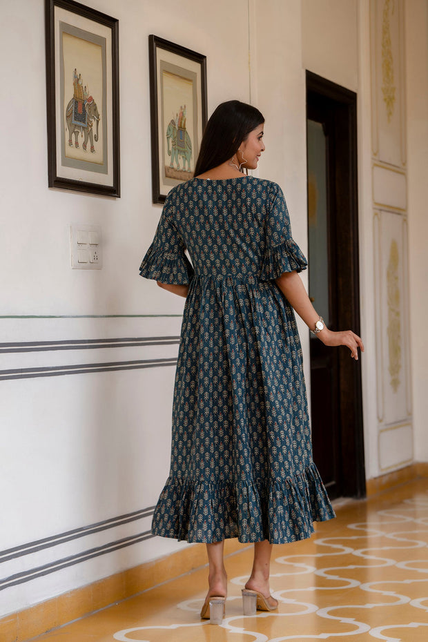 Women Teal Ethnic Printed Flared Dress