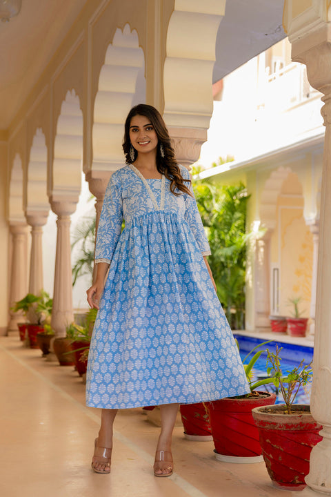 Women Blue Ethnic Printed Flared Dress