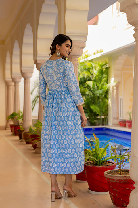 Women Blue Ethnic Printed Flared Dress