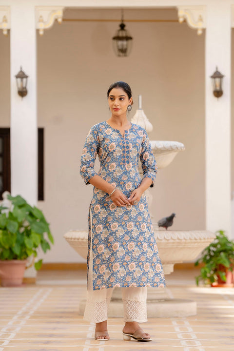 Women Blue Printed Straight Kurta with Three Quarter Sleeves