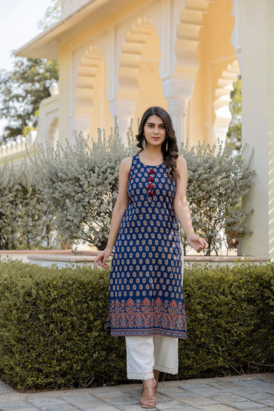 Women Navy Blue Printed Straight Sleeveless Kurta