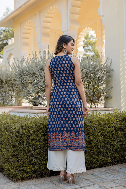 Women Navy Blue Printed Straight Sleeveless Kurta