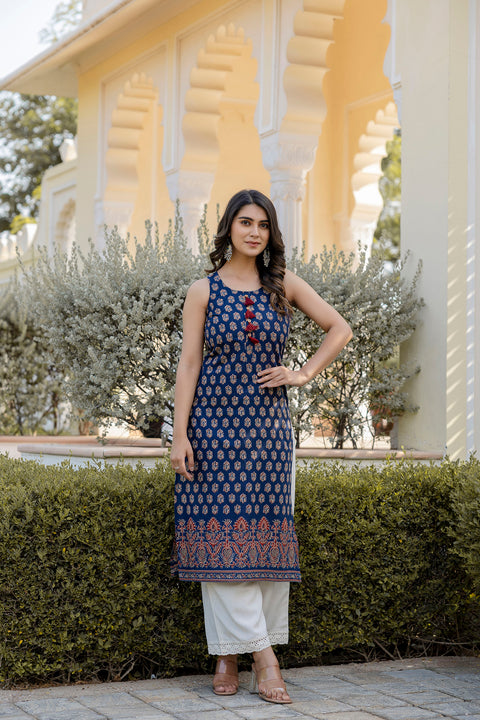 Women Navy Blue Printed Straight Sleeveless Kurta