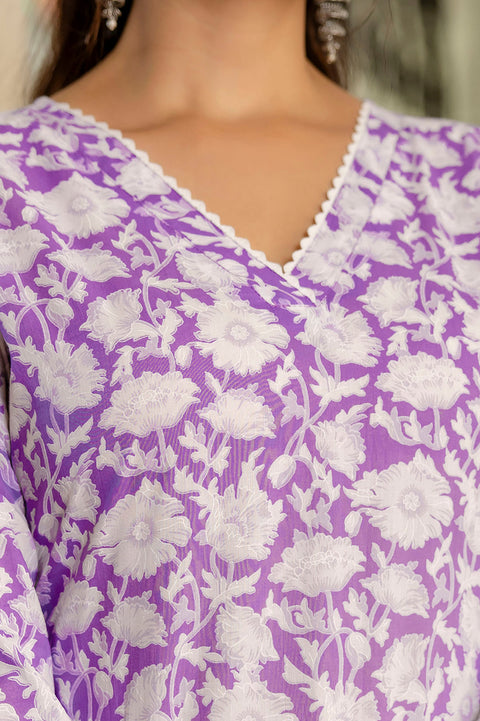 Women Purple Ethnic Printed Straight Kurta with Three Quarter Sleeves