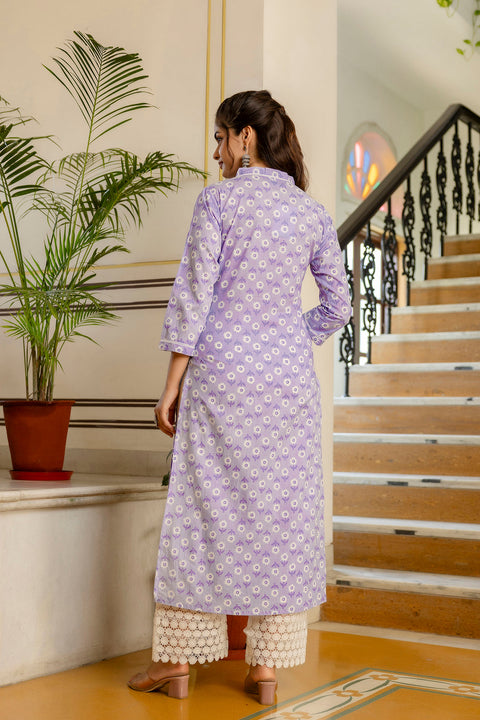 Women Purple Ethnic Printed Straight Kurta with Three Quarter Sleeves