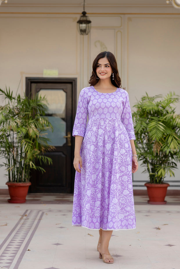 Women Purple Ethnic Printed Flared Dress