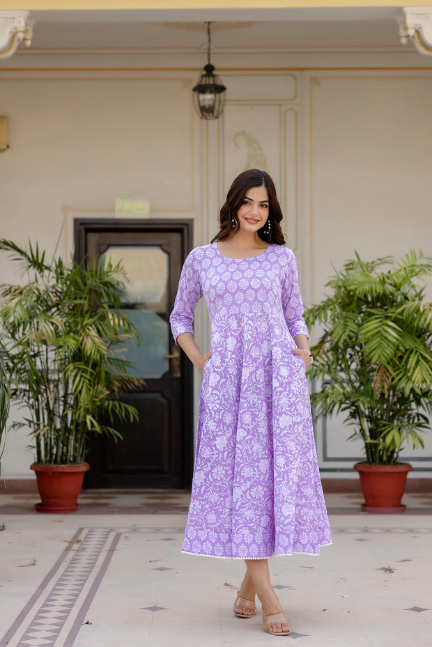 Women Purple Ethnic Printed Flared Dress